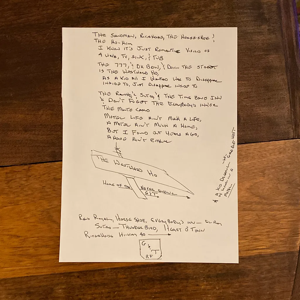 image of Hand written lyrics for Richmond Fontaine song “Westward Ho”