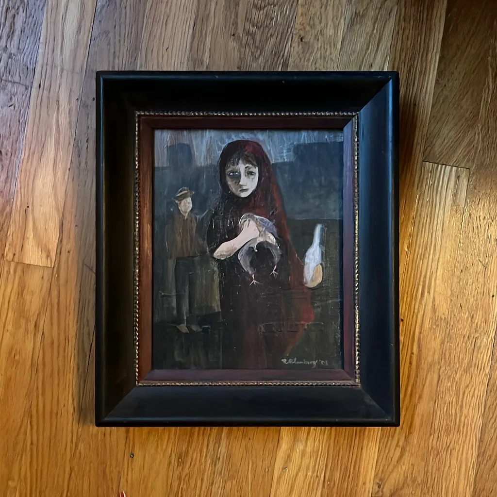 image of Girl In Red Returning From the Market, Acrylic and Paper Collage With Custom Frame