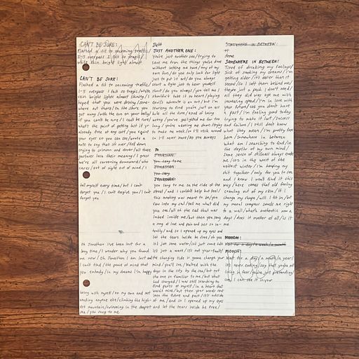 image of Handwritten Lyrics used for insert on 2nd Sunbathe album “Somewhere In Between” 