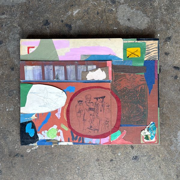 image of “Mac Meda Destruction Company” Michael Nau album art, inner gatefold of “Accompany”. Acrylic, Gouache, paper and found objects o