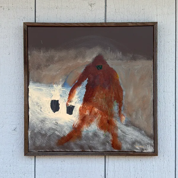 image of “Bigfoot’s Chores” house paint and acrylic on canvas with cedar frame