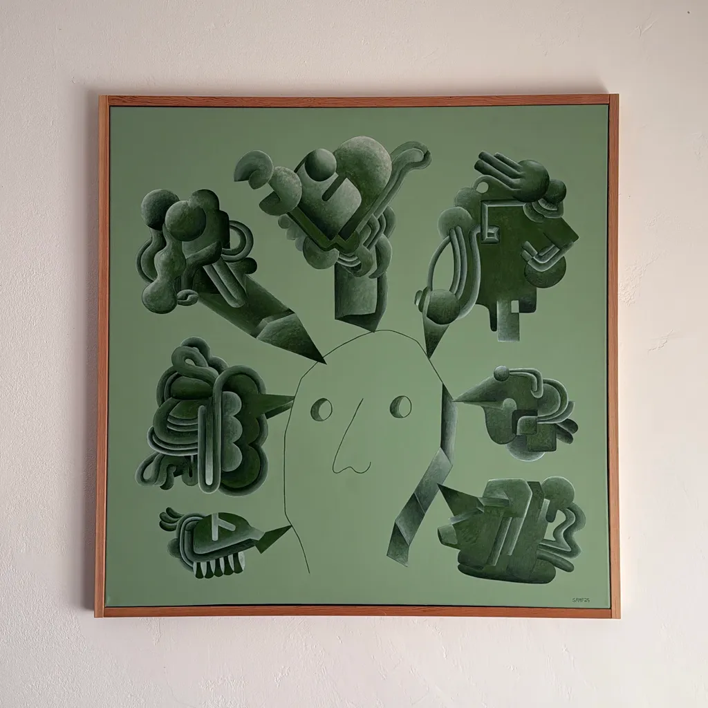 image of Light Green Fella, Acrylic on Canvas in wood frame (37.5”x37.5”)