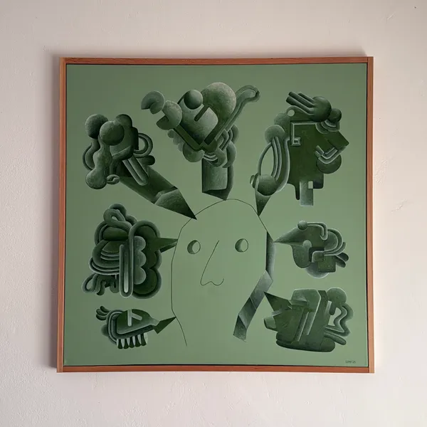 image of Light Green Fella, Acrylic on Canvas in wood frame (37.5”x37.5”)