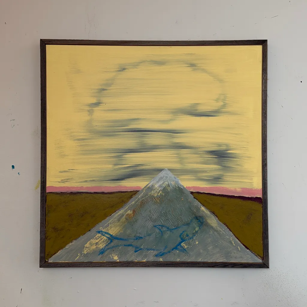 image of Mt. St Helens Thinking About It, Acrylic, Pastel & Caulk on Canvas in Frame 25x25