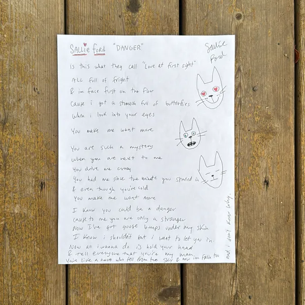 image of Handwritten Lyric sheet for “Danger” (With Cats)